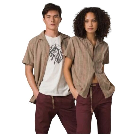 prAna Mantra Heritage Brown Button Up Shirt Organic Cotton Slim Fit Size XS - Picture 1 of 8